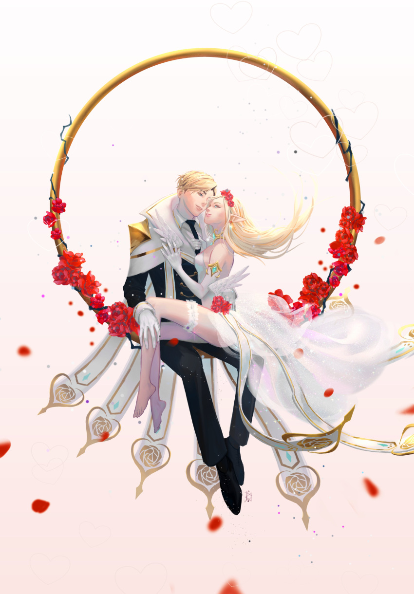 1boy 1girl absurdres blonde_hair flower highres janna_(league_of_legends) league_of_legends moro_tran rose talon_(league_of_legends) white_background