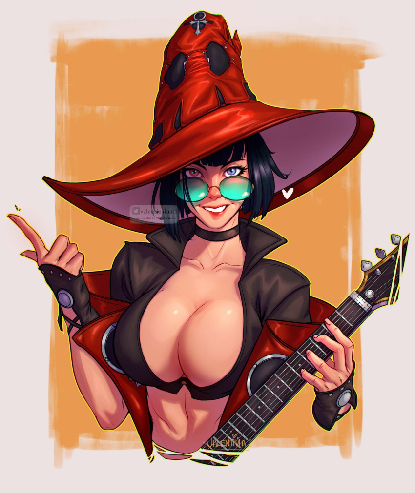 1girl bangs biting blue_eyes blunt_bangs bob_cut breasts choker cleavage collarbone electric_guitar fingernails guilty_gear guilty_gear_strive guitar hat heterochromia highres i-no instrument large_breasts lip_biting lipstick looking_at_viewer makeup mole mole_above_mouth nose popped_collar red_eyes red_headwear red_lips revealing_clothes short_hair solo symbol-only_commentary upper_body valentina_tavolilla watermark witch_hat