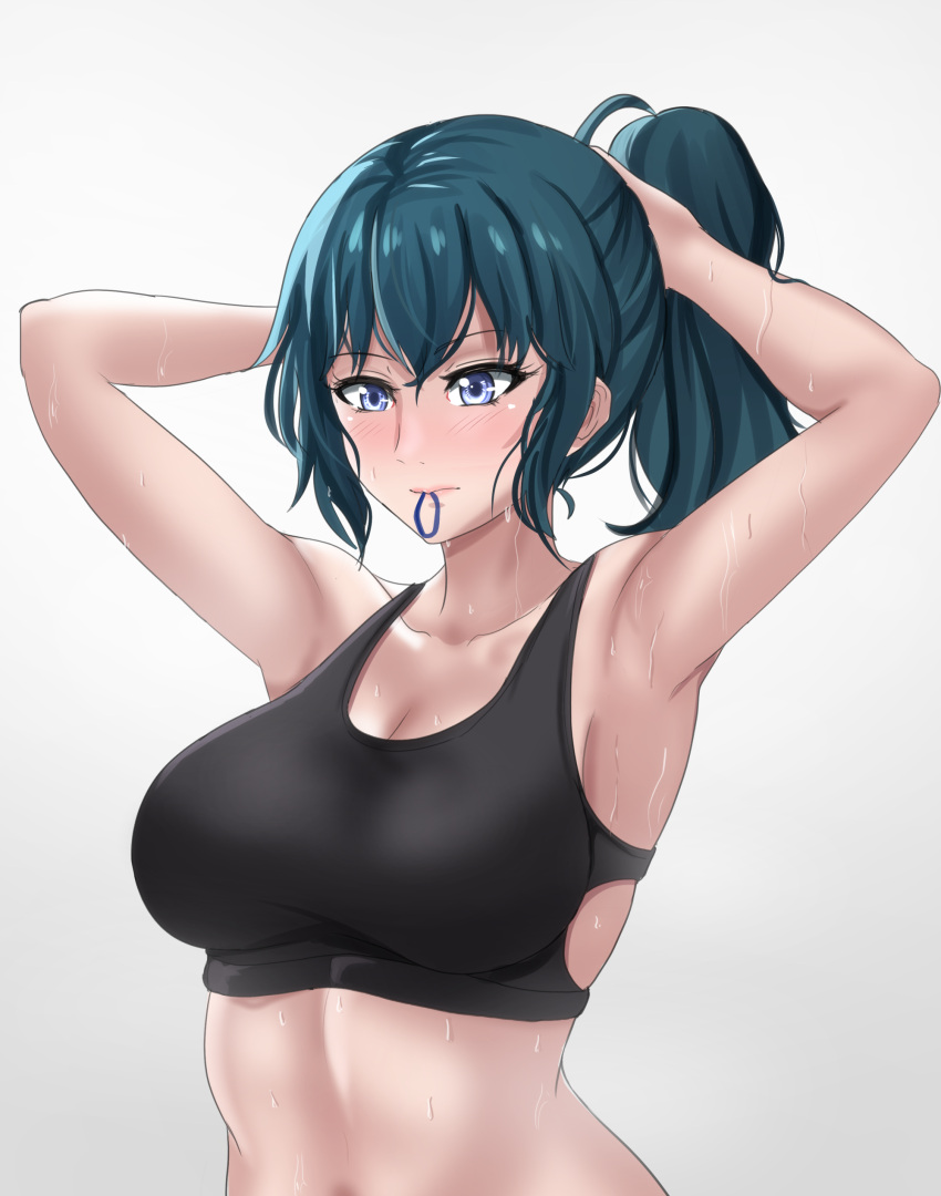 1girl absurdres armpits arms_up black_sports_bra blue_eyes blue_hair blush breasts byleth_(fire_emblem) byleth_(fire_emblem)_(female) collarbone drie eyebrows_visible_through_hair fire_emblem fire_emblem:_three_houses hair_tie hair_tie_in_mouth highres large_breasts midriff mouth_hold sidelocks simple_background sports_bra sweat tying_hair white_background