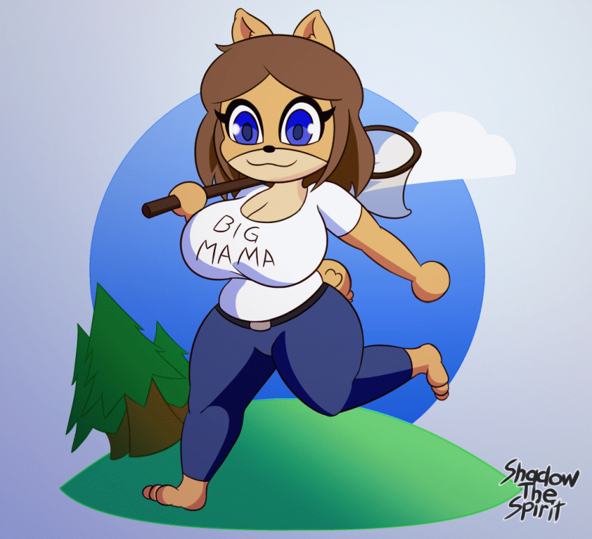 :3 animal_crossing animated anthro big_breasts bottomwear breasts butterfly_net canid canine canis cleavage clothed clothing denim denim_clothing domestic_dog featureless_hands female huge_breasts jeans june_(jinu) loop mammal nintendo pants shadowthespirit shirt short_playtime smile solo topwear video_games walking