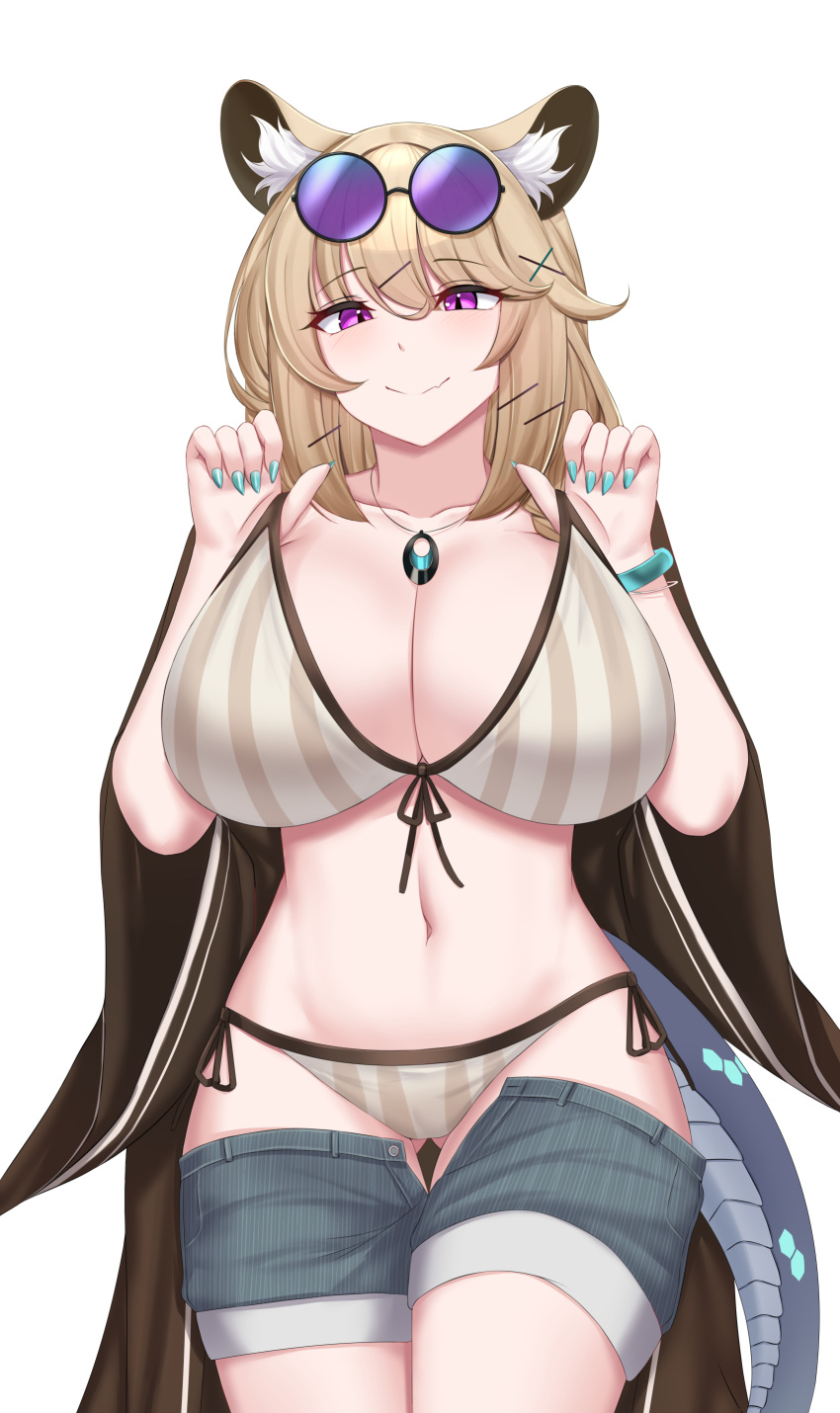 1girl absurdres animal_ear_fluff animal_ears arknights bangs bare_shoulders bikini black-framed_eyewear black_ribbon blonde_hair blue_nails blush bracelet breasts brown_bikini cleavage closed_mouth clothes_pull collarbone cowboy_shot eyebrows_visible_through_hair eyewear_on_head fingernails front-tie_bikini front-tie_top hair_ornament hairclip hand_under_clothes hand_under_swimsuit highres huge_breasts jewelry kanta_(kanta_077) long_fingernails long_sleeves looking_at_viewer nail_polish navel necklace official_alternate_costume open_clothes open_fly open_shorts purple-tinted_eyewear purple_eyes ribbon round_eyewear short_hair shorts shorts_pull side-tie_bikini simple_background smile solo stomach striped striped_bikini sunglasses swimsuit tail thigh_gap tinted_eyewear utage_(arknights) utage_(summer_flowers)_(arknights) vertical-striped_bikini vertical_stripes white_background wide_sleeves x_hair_ornament