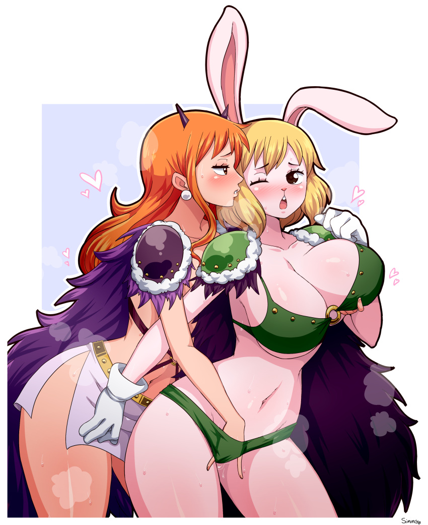 absurd_res anthro big_breasts blonde_hair breasts carrot_(one_piece) duo female female/female fingering fingering_partner hair hi_res human human_on_anthro interspecies lagomorph leporid mammal nami_(one_piece) one_piece rabbit sex simmsyboy vaginal vaginal_fingering