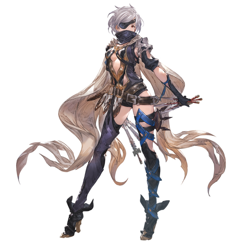 1girl arm_at_side ass_visible_through_thighs breasts dagger eyepatch granblue_fantasy high_heels holding holding_dagger holding_weapon knife medium_breasts minaba_hideo official_art red_eyes short_hair silver_hair simple_background solo standing tanya_(granblue_fantasy) thighhighs transparent_background weapon