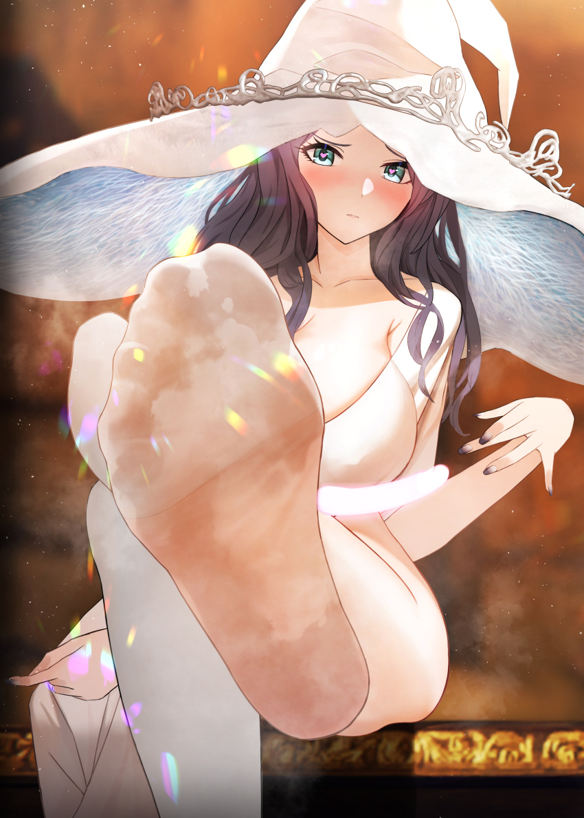 1girl absurdres armpit_crease asakura_tooru bare_legs barefoot black_hair blue_eyes blue_skin blurry blurry_background breasts chinese_commentary cleavage collarbone colored_skin commentary_request cosplay dress elden_ring feet foot_focus foot_out_of_frame foot_up grey_nails hand_up hat heart heart-shaped_pupils highres idolmaster idolmaster_shiny_colors large_breasts large_hat long_hair no_shoes ranni_the_witch ranni_the_witch_(cosplay) sidelocks soles solo sparkle steaming_body symbol-shaped_pupils toes ursica white_dress witch_hat
