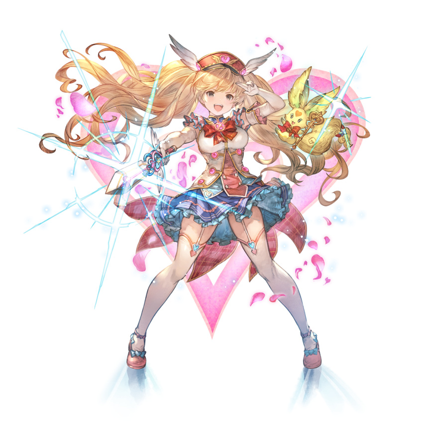 blonde_hair bow breasts brown_eyes dress garter_straps granblue_fantasy hand_up hat holding holding_sword holding_weapon long_hair magical_girl medium_breasts minaba_hideo monika_weisswind official_art open_mouth shoes simple_background standing sword thighhighs transparent_background weapon