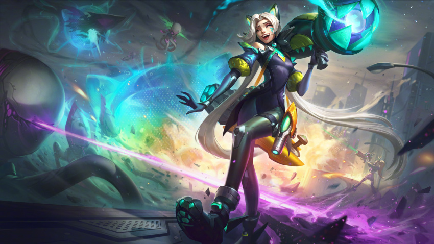 1girl absurdres alien animal_ears animal_hands ashes battle battle_bunny_miss_fortune battle_cat_jinx bell bodysuit boots bunny cat cat_ears cat_paws city closed_eyes collar elbow_gloves energy_gun explosion eyeshadow felipemartini future gloves gun highres jacket jinx_(league_of_legends) league_of_legends light_rays long_hair m1_bazooka machine_gun makeup miss_fortune_(league_of_legends) monster neck_bell octopus official_art open_clothes open_jacket open_mouth pants ray_gun road rocket_launcher smile solo street tiger_stripes war weapon white_hair