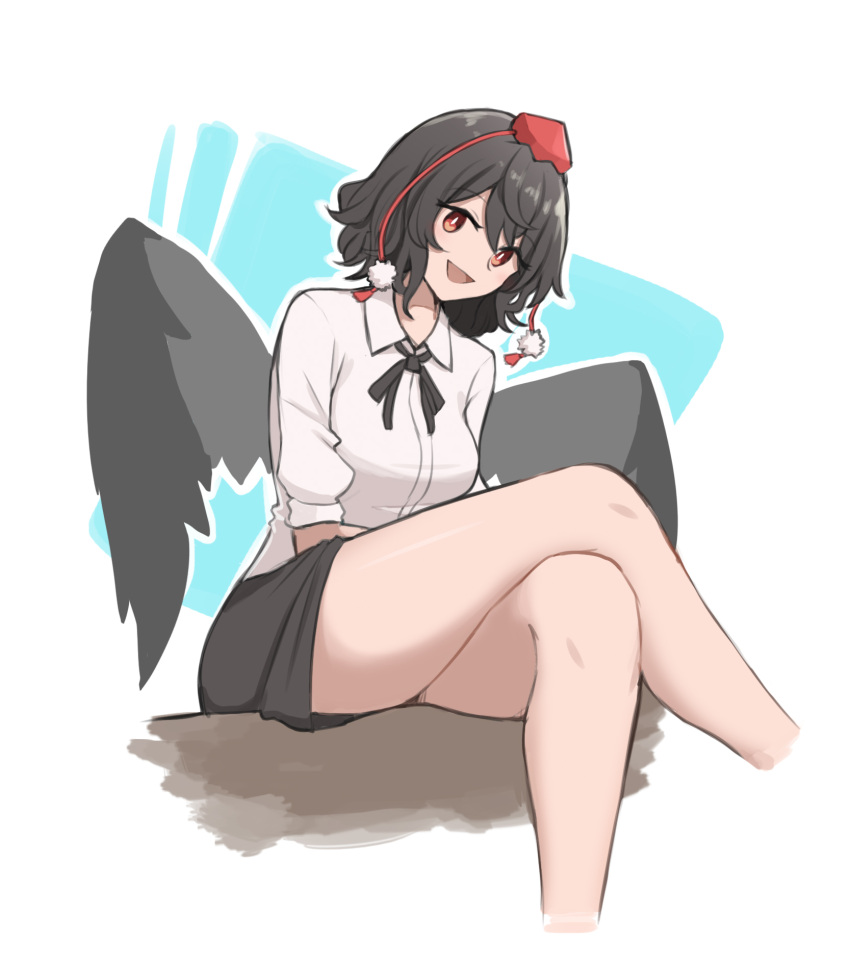 1girl bird_wings black_hair black_ribbon black_skirt black_wings collared_shirt hat highres mata_(matasoup) no_sclera open_mouth pom_pom_(clothes) red_eyes ribbon shameimaru_aya shirt sitting skirt smile solo thighs tokin_hat touhou white_shirt wings