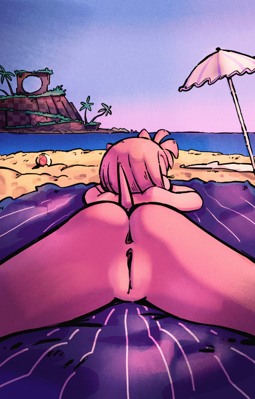 amy_rose anthro anus aoncyth ball beach beach_ball beach_mat butt butt_focus eulipotyphlan eyes_closed female genitals hedgehog hi_res inflatable lying mammal nude on_front outside palm_tree parasol pink_body plant public public_nudity pussy rear_view seaside sega sleeping solo sonic_the_hedgehog_(series) spread_legs spreading sunbathing tree