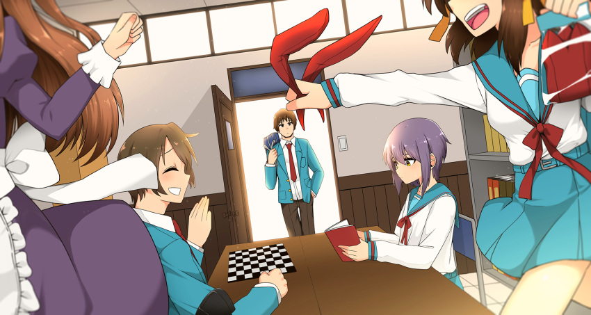 2boys 3girls animal_ears apron asahina_mikuru bag bangs belt blazer blue_jacket blue_sailor_collar blue_skirt book bookshelf brown_eyes brown_hair brown_pants capoki chair chessboard clubroom commentary door dress eyebrows_behind_hair fake_animal_ears frilled_apron frills hair_ribbon hairband head_out_of_frame highres holding holding_bag holding_book jacket kita_high_school_uniform koizumi_itsuki kyon long_sleeves maid maid_apron multiple_boys multiple_girls nagato_yuki necktie open_clothes open_jacket open_mouth out_of_frame pants purple_dress purple_hair rabbit_ears reading red_hairband red_necktie red_ribbon ribbon running sailor_collar school_bag school_uniform serafuku shirt short_hair sitting skirt solo suzumiya_haruhi suzumiya_haruhi_no_yuuutsu table teeth upper_teeth walking white_apron white_shirt yellow_ribbon