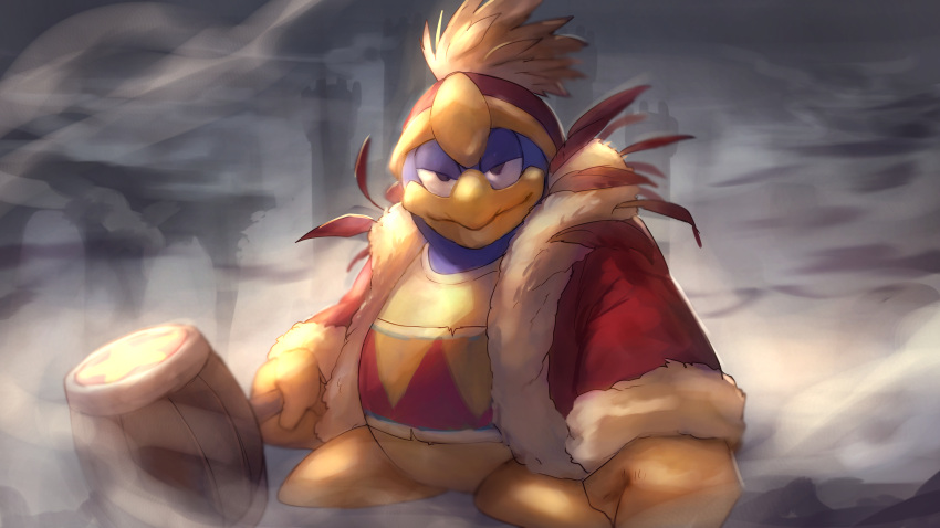 absurdres coat feathers fur-trimmed_coat fur_trim hammer hat highres holding holding_hammer king_dedede kirby_(series) kirby_and_the_forgotten_land mittens shiburingaru wind