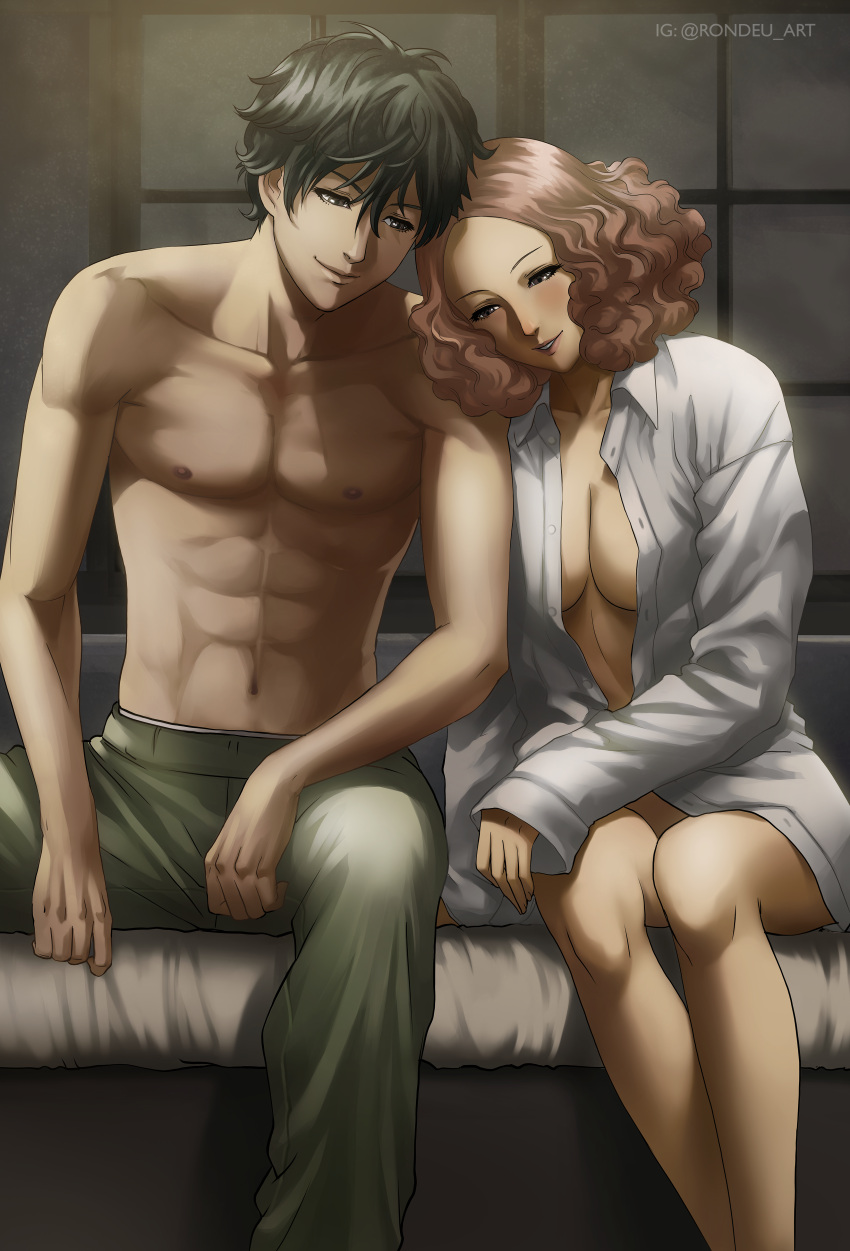 1boy 1girl absurdres amamiya_ren bare_legs black_hair breasts brown_eyes brown_hair cleavage closed_mouth collarbone collared_shirt couple dress_shirt green_pants head_on_another's_shoulder hetero highres indoors long_sleeves medium_breasts medium_hair naked_shirt okumura_haru open_clothes open_shirt pants parted_lips persona persona_5 rondeu shirt short_hair sitting sleeves_past_wrists smile topless twitter_username white_shirt wing_collar