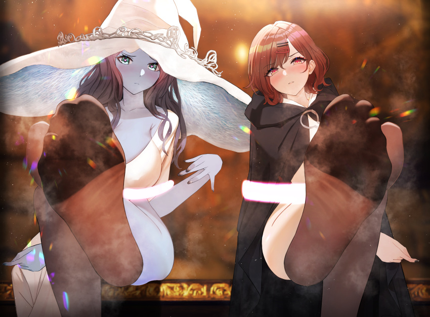 2girls absurdres armpit_crease asakura_tooru bangs barefoot black_cloak black_hair black_legwear black_nails blue_eyes blue_skin blurry blurry_background blush breasts brown_hair brown_legwear chinese_commentary cloak collarbone colored_skin commentary_request cosplay crossed_legs dress elden_ring eyebrows_visible_through_hair feet foot_focus foot_out_of_frame foot_up foreshortening hair_ornament hairclip hat head_tilt heart heart-shaped_pupils highres higuchi_madoka idolmaster idolmaster_shiny_colors large_breasts large_hat long_hair looking_at_viewer medium_hair melina_(elden_ring) melina_(elden_ring)_(cosplay) multiple_girls nail_polish no_shoes parted_lips ranni_the_witch ranni_the_witch_(cosplay) red_eyes shiny shiny_skin sitting smell soles sparkle steaming_body sweat sweatdrop symbol-shaped_pupils thighs toes ursica white_dress white_headwear witch_hat