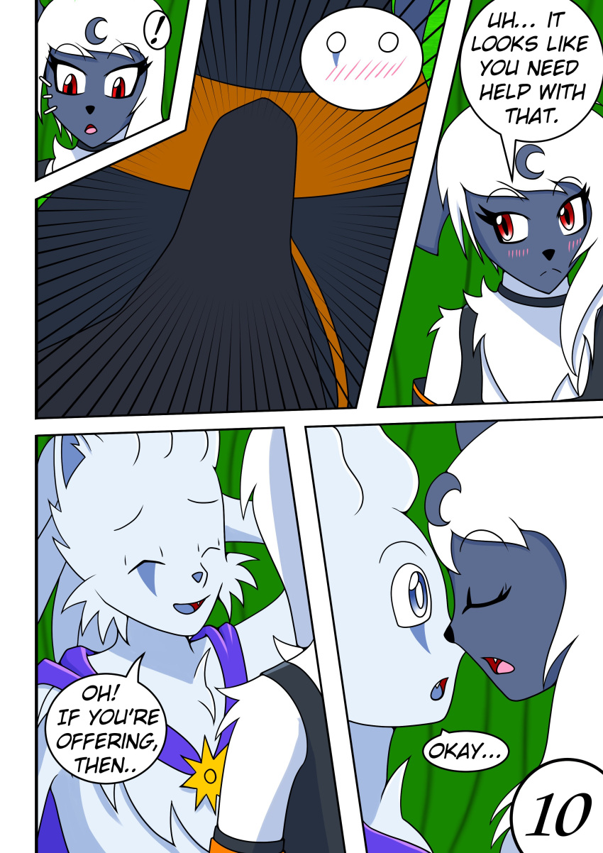 2022 absol absurd_res alolan_ninetales anthro black_body black_skin blue_body blue_eyes blue_fur brooch bulge chest_tuft chiro_(zerochill) comic crescent_(shape) cute_fangs dialogue_box digital_media_(artwork) duo erection exclamation_point facial_markings female fur head_markings hi_res khblacky97 male male/female markings midni_(solarkness) nintendo no_pupils open_mouth pok&eacute;mon pok&eacute;mon_(species) red_eyes regional_form_(pok&eacute;mon) tuft video_games white_body white_fur