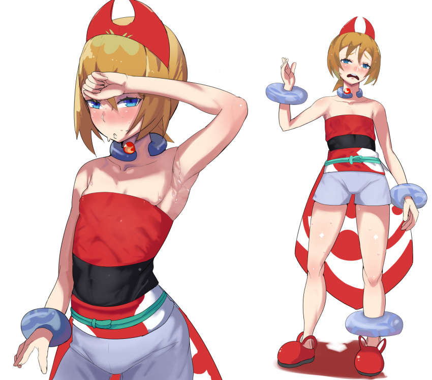 1girl arm_up armpits bangle bangs bare_shoulders blonde_hair blue_eyes blush bracelet breasts cleavage collarbone dress hair_between_eyes hair_ornament hand_on_forehead highres irida_(pokemon) jewelry looking_at_viewer open_mouth pokemon pokemon_(game) pokemon_legends:_arceus red_dress red_footwear sash shoes shorts sidelocks sleeveless sorian66 strapless strapless_dress sweat thighs wiping_forehead wiping_sweat