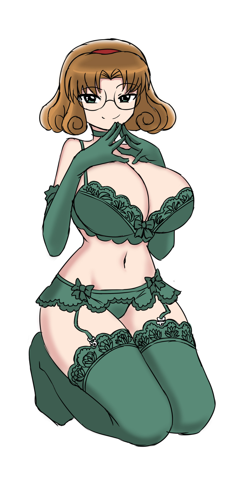 absurdres breasts brown_hair choker come_hither copyright_request curly_hair deculture glasses green_eyes hairband highres hououji_fuu huge_breasts lingerie magic_knight_rayearth navel second-party_source seiza short_hair simple_background sitting smile steepled_fingers underwear