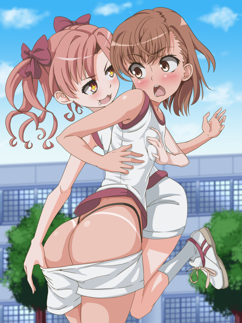 2girls :3 ass black_panties blue_sky blush bow breast_grab breasts brown_eyes brown_hair building cloud cloudy_sky dandere_(tetsudan) day drooling eyebrows_visible_through_hair feet_out_of_frame grabbing gym_shirt gym_shorts gym_uniform hair_bow hand_up highres hip_focus light_blush long_hair looking_at_another medium_hair misaka_mikoto multiple_girls open_mouth outdoors panties red_bow saliva shirai_kuroko shirt shoes short_shorts shorts sky sleeveless sleeveless_shirt small_breasts sneakers socks sparkle sparkling_eyes tan tanlines thighs toaru_kagaku_no_railgun toaru_majutsu_no_index tongue tree twintails underwear v-shaped_eyebrows white_footwear white_legwear white_shirt white_shorts white_uniform window