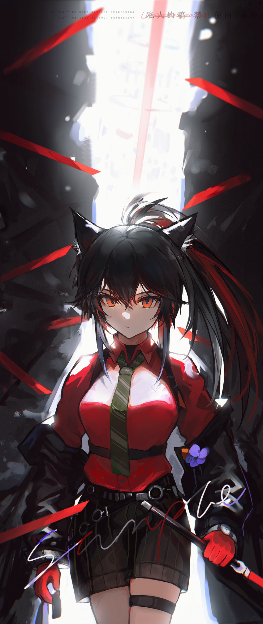 1girl absurdres animal_ear_fluff animal_ears arknights backlighting belt black_coat black_hair black_shorts breasts chinese_commentary chinese_text closed_mouth coat collared_shirt commentary_request cowboy_shot gloves green_necktie highres holding holding_sword holding_weapon large_breasts long_hair long_sleeves looking_at_viewer multicolored_hair necktie off_shoulder official_alternate_costume open_clothes open_coat ponytail red_eyes red_gloves red_hair red_shirt sample_watermark shirt shorts shuibi501 sidelocks solo striped striped_shorts sword texas_(arknights) texas_(willpower)_(arknights) thigh_strap translation_request two-tone_hair vertical-striped_shorts vertical_stripes very_long_hair weapon wolf_ears