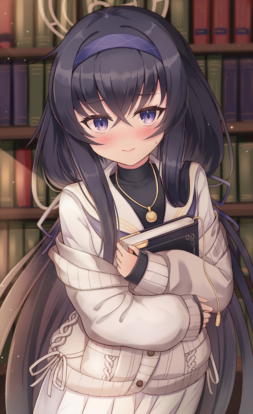 1girl black_hair blue_archive blue_eyes blush book bookshelf commentary_request hair_between_eyes hair_ornament halo headband highres jewelry looking_at_viewer necklace object_hug sakura_ani school_uniform solo sweater ui_(blue_archive)