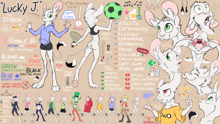 alcohol animancer aries beer beverage bolas bong butt clothing collar dipodid drugs electroshock_weapon hi_res hoodie invalid_tag jerboa luck_(disambiguation) mammal metal_spring model_sheet rodent shamrock soccer sport taser tennis topwear weapon