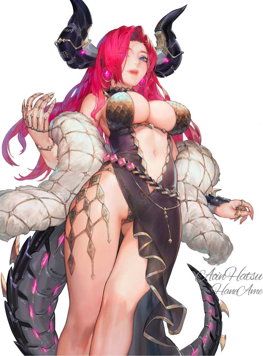 1girl absurdres aoin ass_visible_through_thighs bare_shoulders belt black_dress blue_eyes breasts claw_ring dragon_queen_hane dress earrings feather_boa feet_out_of_frame from_below gold_panties gold_trim hand_chains highres horns indie_virtual_youtuber jewelry large_breasts long_hair looking_at_viewer looking_down mechanical_horns mechanical_tail navel panties plunging_neckline pubic_tattoo red_eyes red_hair red_lips see-through side_slit simple_background sleeveless sleeveless_dress solo tail tattoo underwear white_background