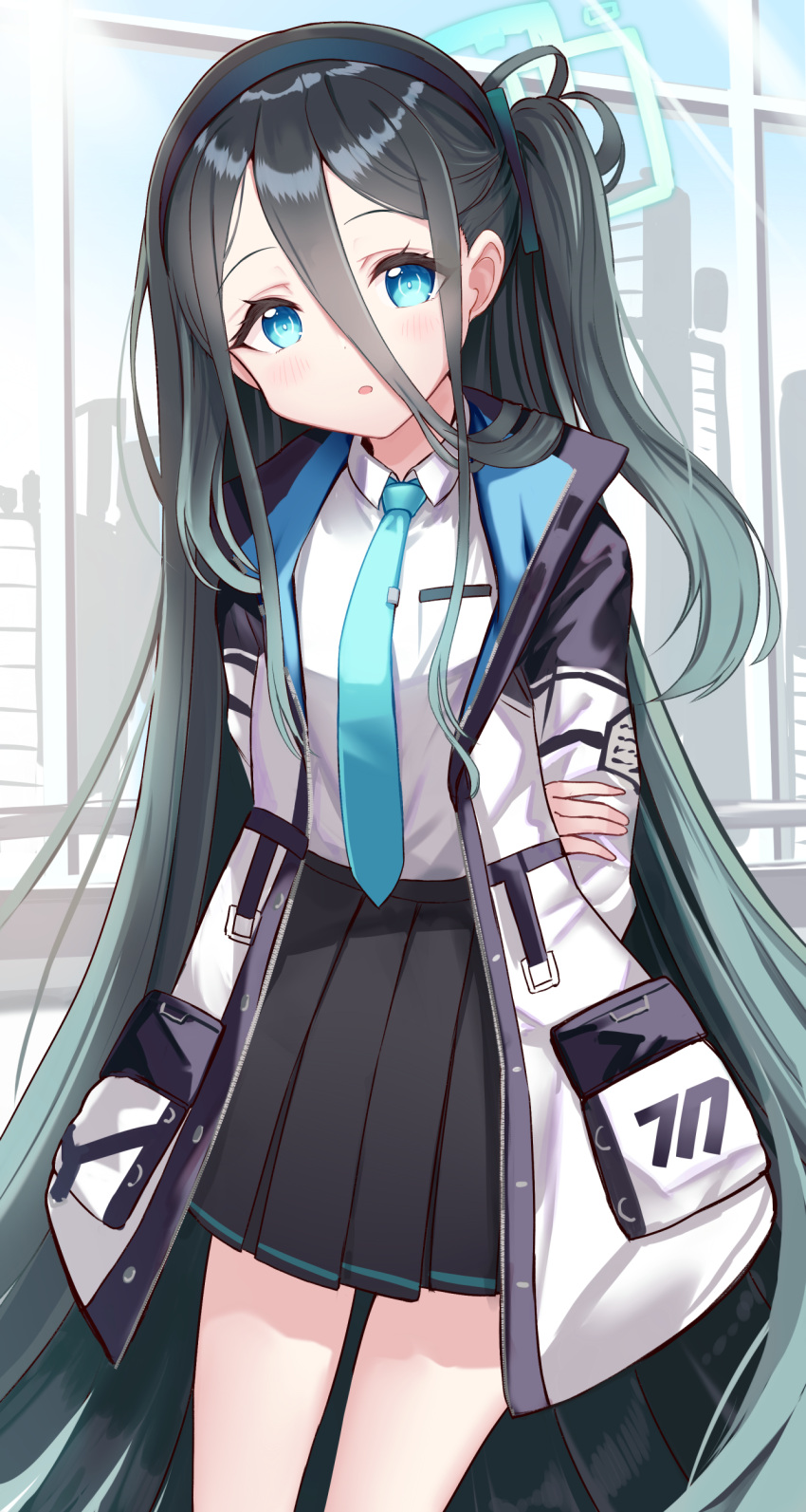 1girl absurdres arisu_(blue_archive) arms_behind_back black_hairband blue_archive blue_eyes blush commentary_request hair_between_eyes hair_ornament hairband halo highres jacket long_hair looking_at_viewer necktie open_mouth sakura_ani school_uniform solo very_long_hair