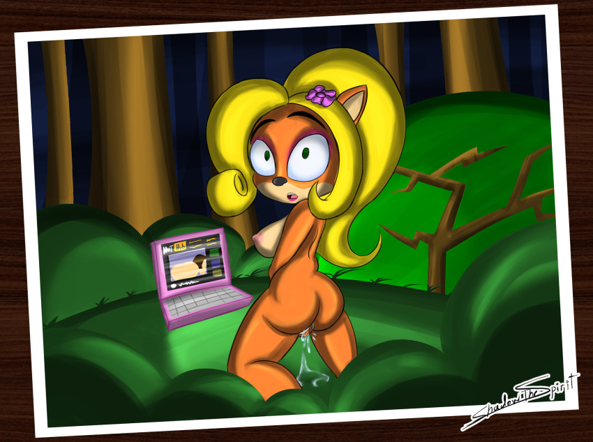activision anthro bandicoot big_breasts bodily_fluids breasts butt coco_bandicoot computer crash_bandicoot_(series) female forest genital_fluids hi_res kneeling laptop looking_at_porn looking_back mammal marsupial masturbation nude photo plant pornography pussy_juice rear_view shadowthespirit shocked solo tree video_games