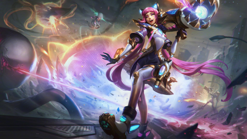 1girl absurdres alien animal_ears animal_hands ashes battle battle_bunny_miss_fortune battle_cat_jinx bell bodysuit boots bunny cat cat_ears cat_paws city closed_eyes collar elbow_gloves energy_gun explosion eyeshadow felipemartini future gloves gun highres jacket jinx_(league_of_legends) league_of_legends light_rays long_hair m1_bazooka machine_gun makeup miss_fortune_(league_of_legends) monster neck_bell octopus official_art open_clothes open_jacket open_mouth pants purple_hair ray_gun road rocket_launcher smile solo street tiger_stripes war weapon