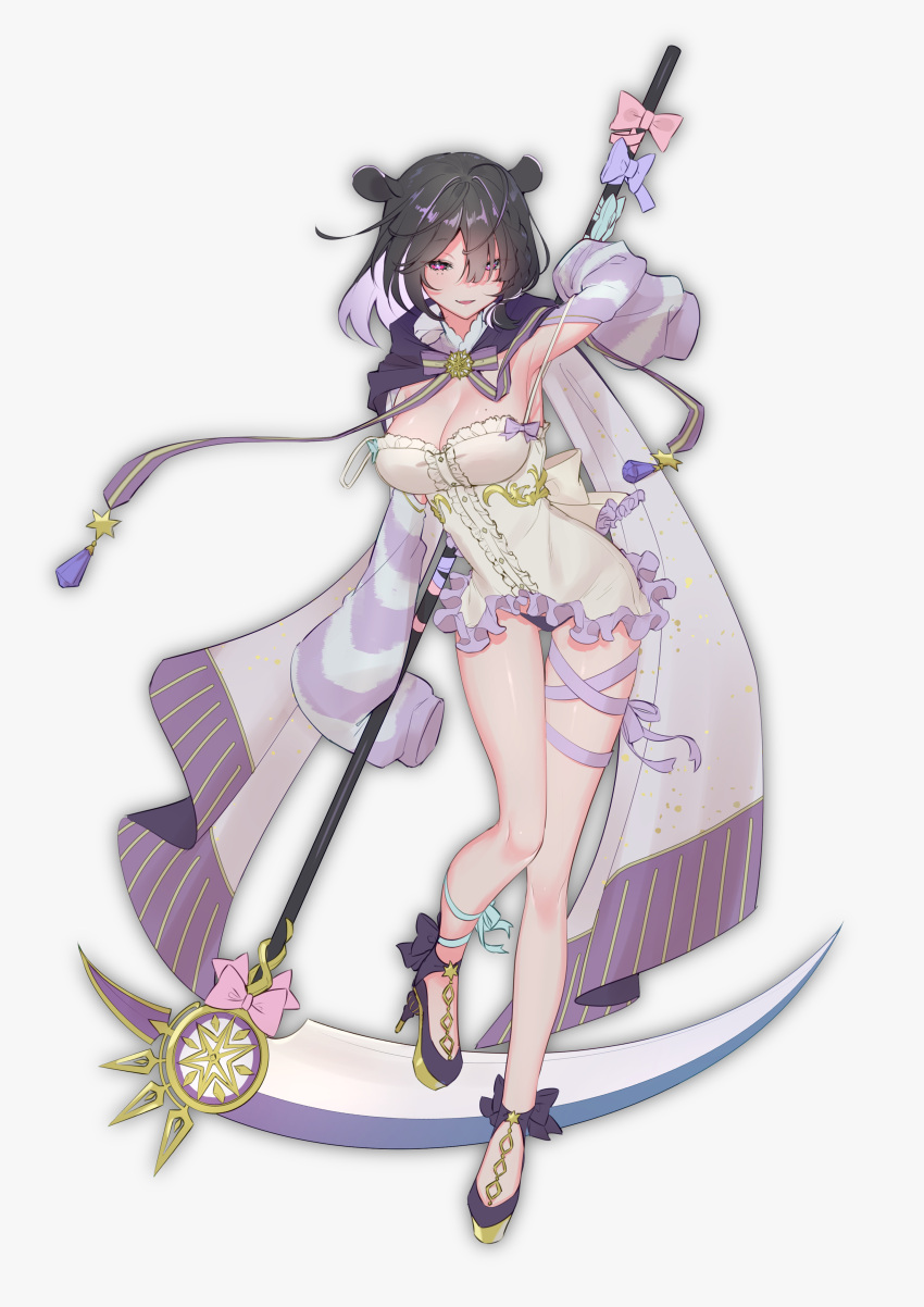 1girl absurdres black_footwear black_hair breasts cleavage eyebrows_visible_through_hair fang full_body high_heels highres large_breasts looking_at_viewer medium_hair mole mole_on_breast mole_under_eye parted_lips pink_eyes red:_pride_of_eden skin_fang smile solo tendosora