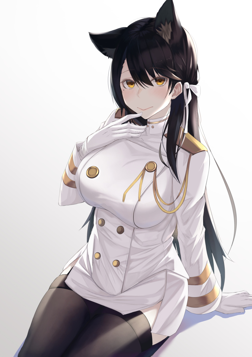 1girl absurdres animal_ears arm_behind_back atago_(azur_lane) azur_lane bangs black_hair black_legwear blush breasts brown_eyes closed_mouth eyebrows_visible_through_hair feet_out_of_frame finger_to_mouth gloves highres kazuha_(saku_kn) large_breasts lips long_hair looking_at_viewer mole mole_under_eye sitting solo thighhighs uniform white_background white_gloves