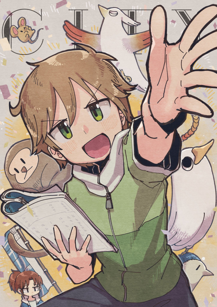 1boy 1girl bird blush brown_hair character_request city_(arawi_keiichi) eyebrows_visible_through_hair highres looking_at_viewer monkey mouse nagumo_midori open_mouth short_hair short_ponytail smile tendosora zipper zipper_pull_tab