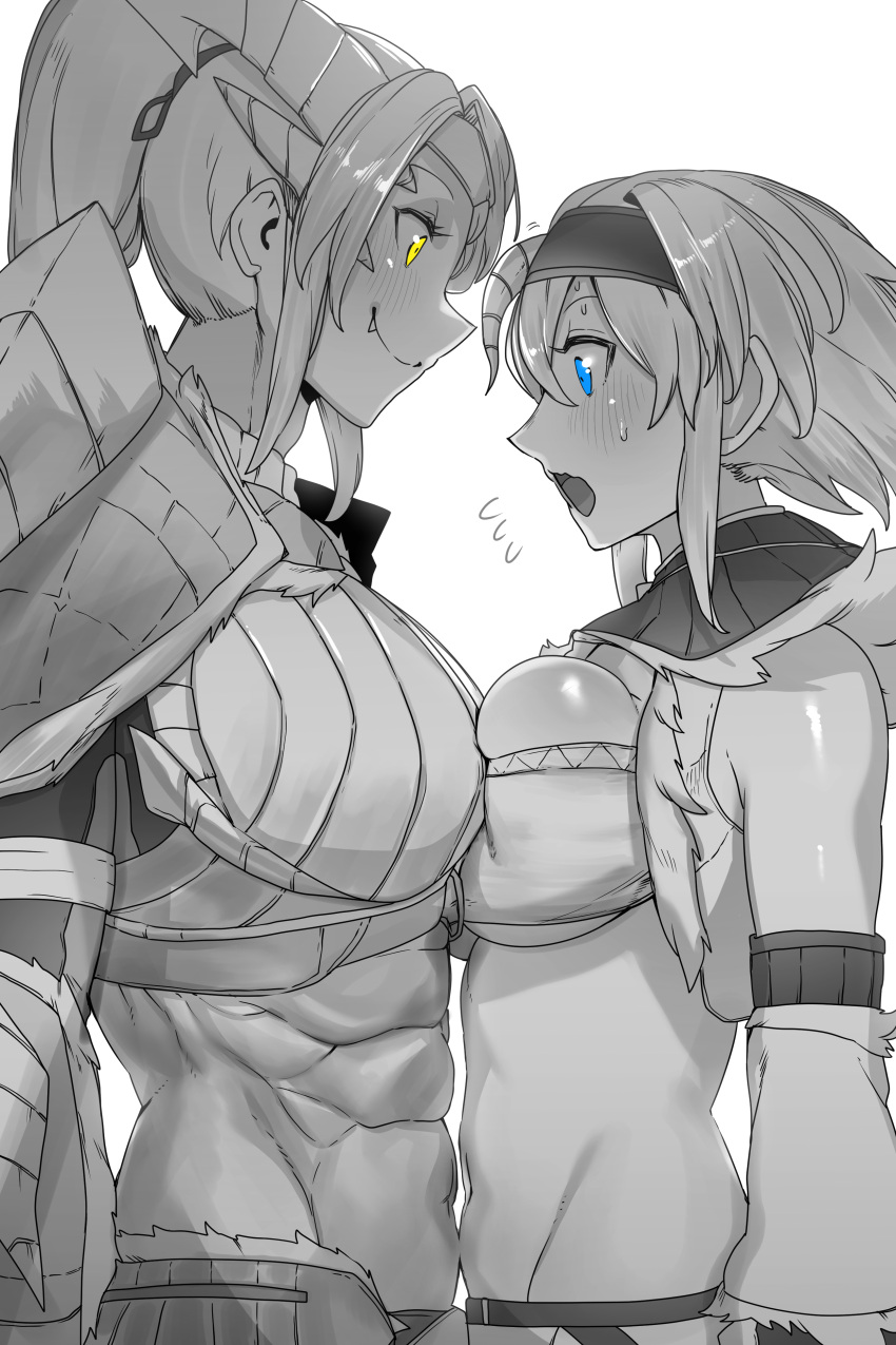 2girls abs absurdres armor arms_at_sides asymmetrical_docking blue_eyes blush breast_press breastplate breasts closed_mouth detached_sleeves eyelashes face-to-face fake_horns fang fang_out flying_sweatdrops forehead_protector from_side greyscale headband height_difference high_ponytail highres horns kirin_(armor) large_breasts long_hair looking_at_another looking_at_breasts medium_hair midriff monochrome monster_hunter_(character) monster_hunter_(series) multiple_girls muscular muscular_female navel niwarhythm open_mouth shoulder_armor sidelocks simple_background skindentation smile spot_color stomach strapless tube_top underboob vest white_background yellow_eyes zinogre_(armor)
