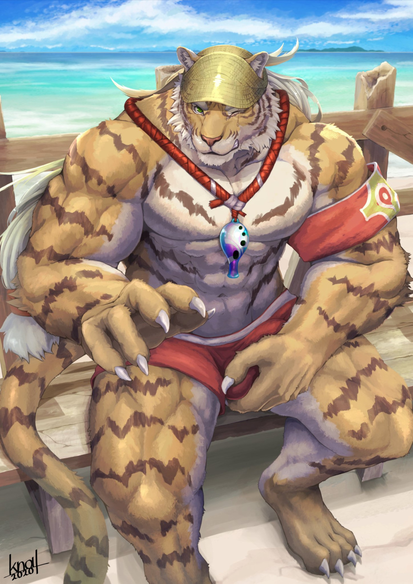 1boy abs animal_ears armband bara beach bulge crotch_grab erection erection_under_clothes feet_out_of_frame furry furry_male highres knoll_(noru_knoll) large_pectorals long_hair looking_at_viewer male_focus male_swimwear muscular muscular_male navel nipples official_alternate_costume one_eye_closed pang_(sdorica) pectorals red_male_swimwear sdorica sitting solo stomach swim_briefs thick_eyebrows thick_thighs thighs tiger_boy tiger_ears topless_male whistle whistle_around_neck