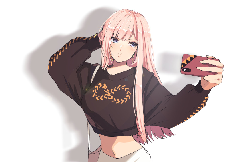 1girl bangs blunt_bangs highres holding holding_phone long_hair long_sleeves megurine_luka midriff phone pink_hair pout purple_eyes selfie solo vocaloid yen-mi