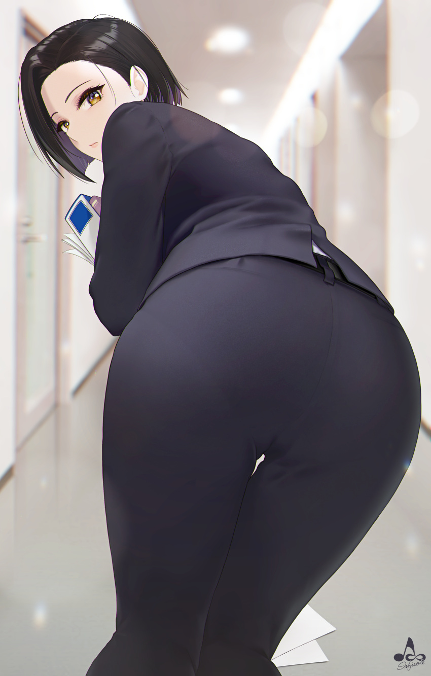 1girl absurdres artist_name ass bangs black_hair blurry blurry_background closed_mouth commentary_request from_behind highres holding indoors infinote lips logo long_sleeves looking_at_viewer looking_back office_lady original pants pantylines paper shiny shiny_hair short_hair signature simple_background solo yashiki_yuuko yellow_eyes