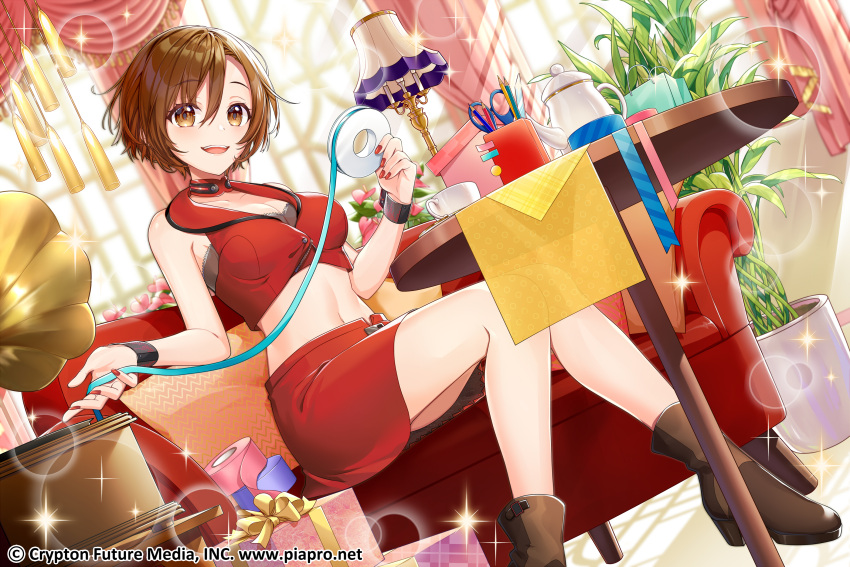 1girl :d brown_eyes brown_hair couch crop_top gari_(apollonica) gift highres indoors lamp meiko meiko_(vocaloid3) miniskirt phonograph piapro plant short_hair sitting skirt sleeveless smile solo tape vocaloid wrist_cuffs