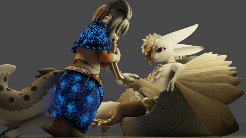 3d_(artwork) 4_ears 4k absurd_res anthro arflin_(species) ashtonsparx_(artist) avali blender_(software) canid canine clothed clothing digital_media_(artwork) duo feathers feet flat_chested foot_fetish foot_lick foot_play grin hair hi_res hindpaw licking lying male male/male mammal multi_ear pawpads paws simple_background smile toes tongue tongue_out winged_arms wings