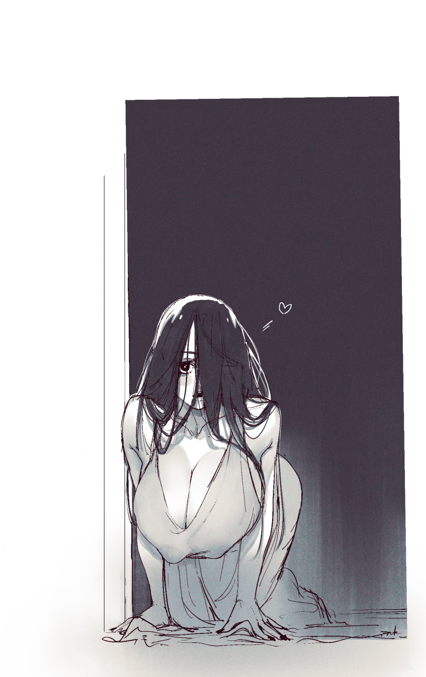 1girl all_fours black_hair breasts cleavage collarbone covered_nipples doorway downblouse english_commentary fingernails greyscale hair_over_face hair_over_one_eye heart highres huge_breasts long_hair looking_at_viewer messy_hair mixed-language_commentary monochrome puk solo the_ring yamamura_sadako