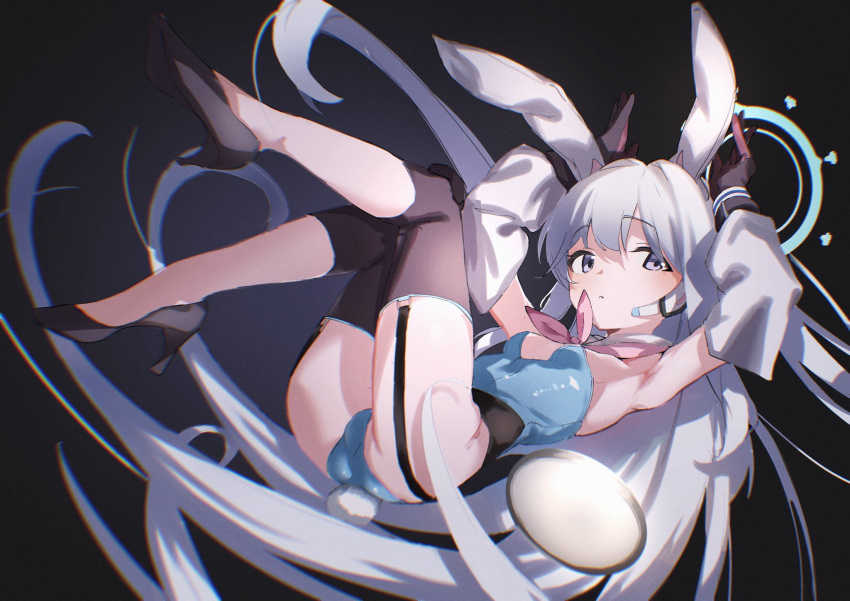 1girl animal_ears blue_archive breasts bunny_pose detached_sleeves erory6_(ro) fake_animal_ears floating garter_straps halo headphones high_heels highres long_hair microphone miyako_(blue_archive) playboy_bunny purple_eyes silver_hair small_breasts very_long_hair