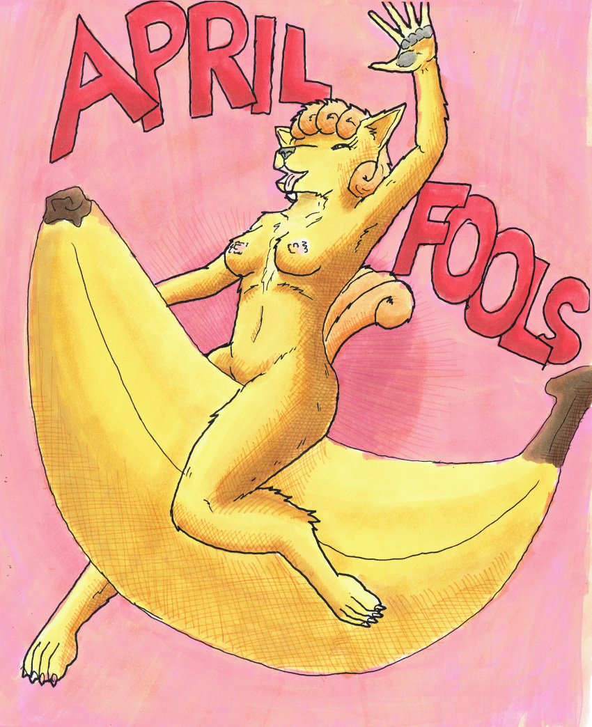 absurd_res anthro april_fools banana breasts canid canine female food fox fruit happy hi_res ingrid mammal nintendo nipples nude nyghtmar3 plant pok&eacute;mon pok&eacute;morph riding shiny_pok&eacute;mon shiny_vulpix smile solo tongue tongue_out traditional_media_(artwork) video_games waving_hand