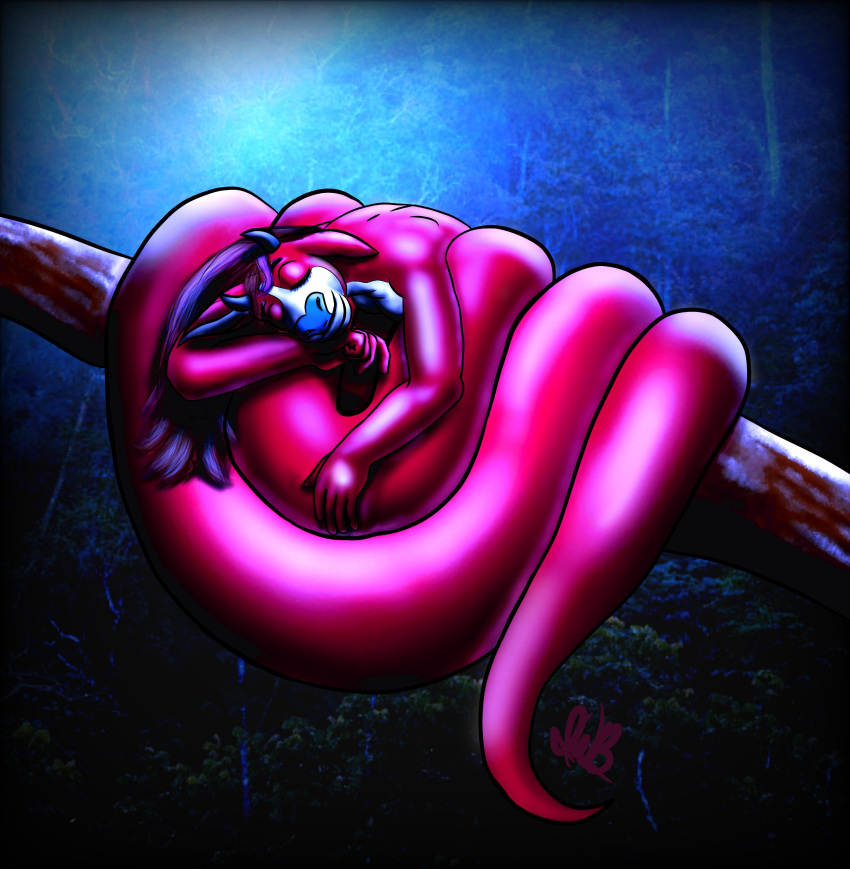 absurd_res anthro blue_nose bovid bovine branch cattle coiling female hi_res highlights_(coloring) jungle light mammal moonlight night ophiotaurus pink_highlights red_body red_scales reptile scales scalie sleeping snake solo vampirsttg white_body