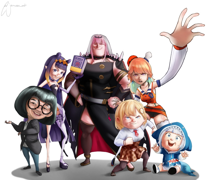 1boy 5girls absurdres animal_hood asymmetrical_legwear black-framed_eyewear black_hair black_legwear blue_hair bob_parr book commentary dash_parr edna_mode fusion gawr_gura glasses green_hair helen_parr highres holding holding_book hololive hololive_english holomyth hood jack-jack_parr jamwes long_hair long_sleeves looking_at_viewer medium_hair mole mole_under_eye mori_calliope multicolored_hair multiple_girls ninomae_ina'nis open_mouth orange_hair pose purple_hair purple_legwear sharp_teeth signature smile takanashi_kiara teeth tentacle_hair the_incredibles thighhighs two-tone_hair very_long_hair violet_parr virtual_youtuber watson_amelia white_background white_hair white_legwear yagoo