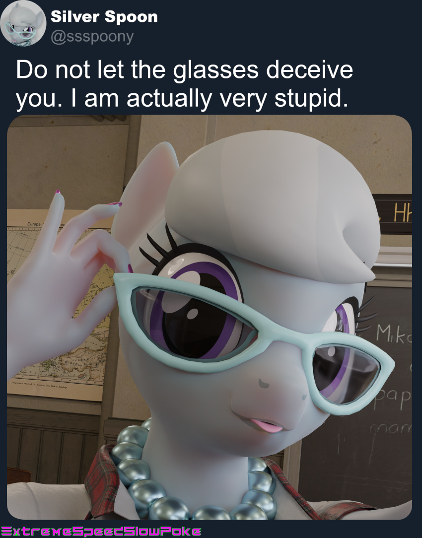 absurd_res anthro anthrofied clothing earth_pony english_text equid equine extremespeedslowpoke eyewear friendship_is_magic gem glasses grey_hair hair hasbro hi_res horse jewelry mammal multicolored_hair my_little_pony necklace pearl_(gem) pearl_necklace pony purple_eyes selfie silver_spoon_(mlp) text tongue tongue_out twitter two_tone_hair