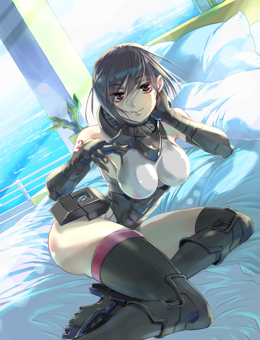 1girl absurdres ass bed black_eyes black_footwear black_gloves black_hair boots breasts elbow_gloves eyebrows_visible_through_hair fantasia_re:build full_metal_panic! gloves grey_leotard hair_behind_ear highres lens_flare leotard medium_breasts melissa_mao metal_boots ocean official_art open_hand pillow short_hair solo thigh_boots thighhighs