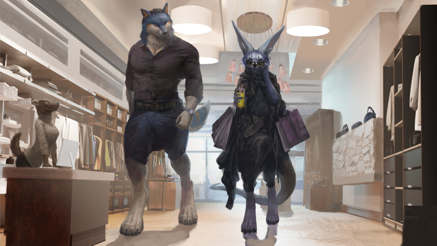 absurd_res ambiguous_gender anthro bag barefoot big_bulge blue_body blue_fur bottomwear bulge canid canine clothed clothing domestic_ferret excited fashion feet fox fur geordie_79 group hi_res huge_bulge male mammal mustela mustelid musteline pants public spectrumshift store tall true_musteline whiskers