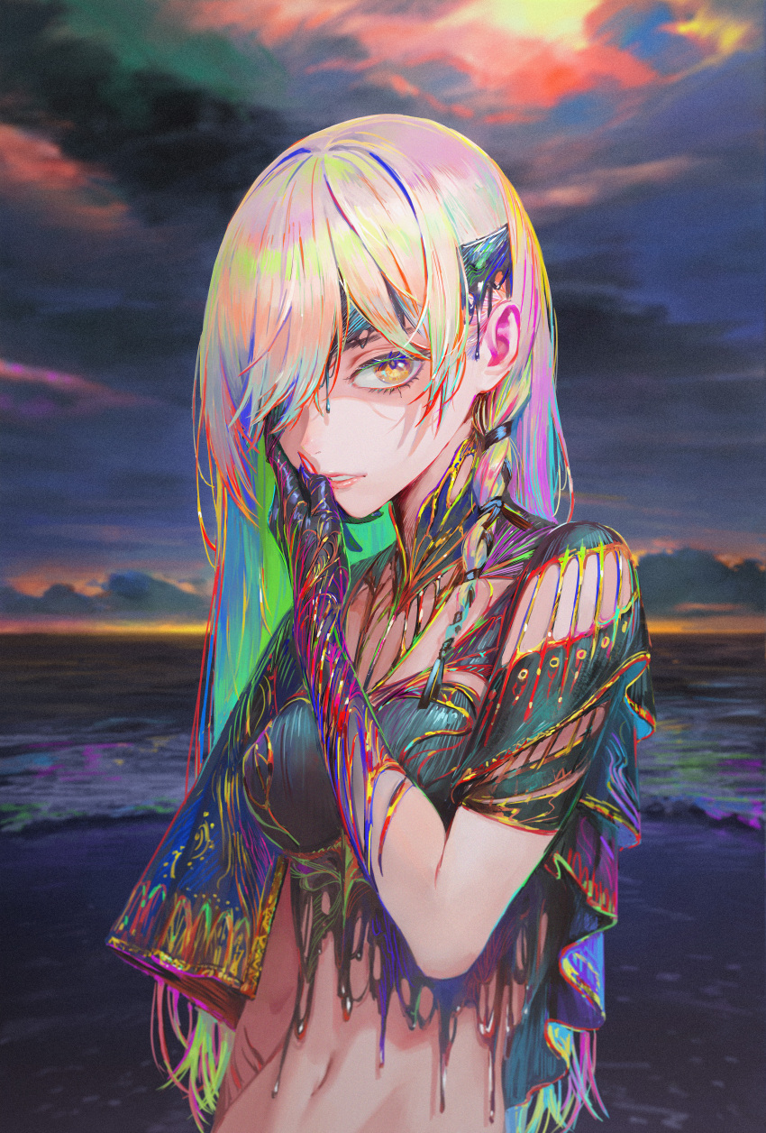 1girl absurdres blonde_hair cloud cloudy_sky commentary green_hair hair_over_one_eye hand_on_own_face highres long_bangs long_hair looking_at_viewer midriff multicolored_hair nababa navel ocean original pink_hair sky solo yellow_eyes