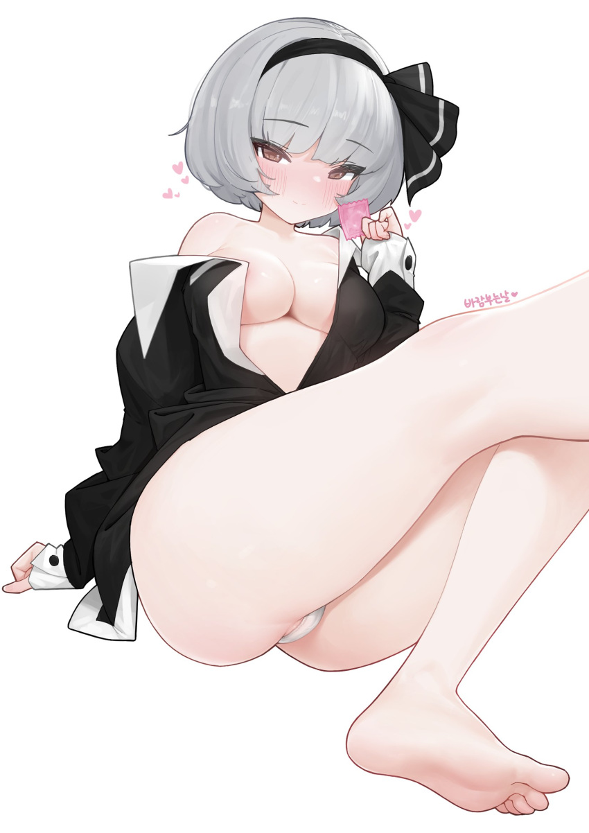 1girl arm_support ass bangs black_hairband black_shirt blunt_bangs blush bow breast_pocket breasts brown_eyes cleavage collared_shirt condom eyebrows_visible_through_hair feet foreshortening hair_bow hairband heart highres leaning_back long_sleeves looking_at_viewer medium_breasts naughty_face no_bra no_legwear nujig off_shoulder original panties pantyshot partially_unbuttoned partially_visible_vulva pocket shirt short_hair signature silver_hair sitting smile thighs tsurime underwear white_panties