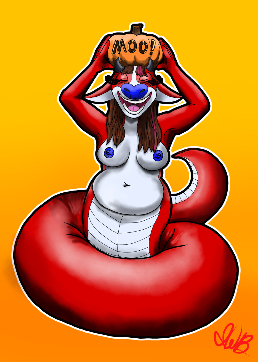 absurd_res anthro autumn belly blue_nipples bovid bovine breasts cattle coiled_tail coiling female food fruit hair halloween hi_res highlights_(coloring) holidays jack-o'-lantern long_hair mammal nipples nude open_mouth ophiotaurus pink_highlights plant pumpkin red_body red_scales reptile scales scalie slightly_chubby smile snake solo thick_tail vampirsttg