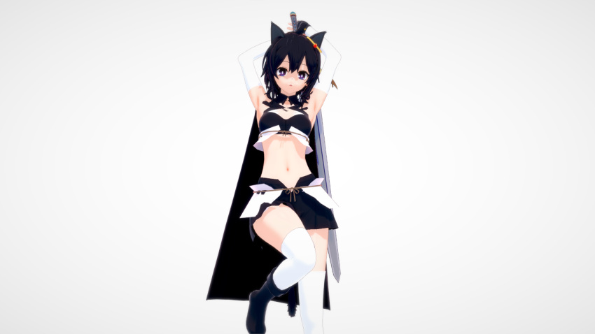 1girl 1other 3d alternate_eye_color animal_ears ankle_boots armpits arms_up bare_shoulders black_cloak black_footwear black_gloves black_hair black_shorts black_tail boots breasts bright_pupils cat_girl cat_tail cloak earrings feet_out_of_frame fingerless_gloves fran_(tensei_shitara_ken_deshita) gloves gold_earrings hair_between_eyes holding holding_sword holding_weapon jewelry korean_commentary looking_at_viewer medium_breasts medium_hair midriff navel o0o_(pixiv_58838089) purple_eyes riding_boots shishou_(tensei_shitara_ken_deshita) shorts simple_background stomach sword tail tensei_shitara_ken_deshita thighhighs thighs weapon white_background white_legwear white_pupils