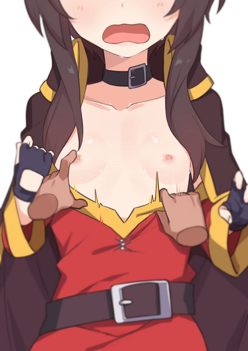 1girl breasts breasts_out brown_hair choker clothes_pull disembodied_limb fingerless_gloves gloves head_out_of_frame highres kono_subarashii_sekai_ni_shukufuku_wo! long_hair megumin morisobo nipples no_bra open_mouth simple_background small_breasts top_pull white_background