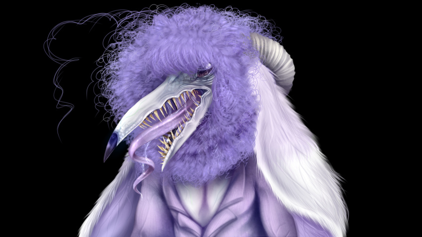 anthro avian black_background bodily_fluids cottemony creepy digital_media_(artwork) fairy_(snowyseal) fangs female fluffy fur hair horn hybrid long_ears long_tongue mammal monster nightmare_fuel open_mouth purple_body purple_eyes purple_fur purple_hair saliva saliva_on_tongue saliva_string sharp_teeth simple_background snowyseal solo surreal teeth tongue tongue_out vein white_body white_fur